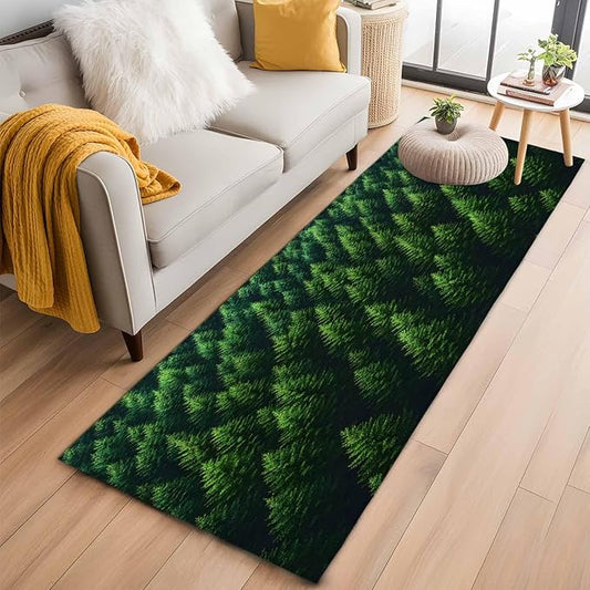 Green Forest Runner Rug 2'x6', Pine Trees Forest Landscape Style Summer Hallway Runner Rugs Washable Non-Slip Bedside Floor Mats Carpet for Kitchen Bedroom Laundry Room Bathroom