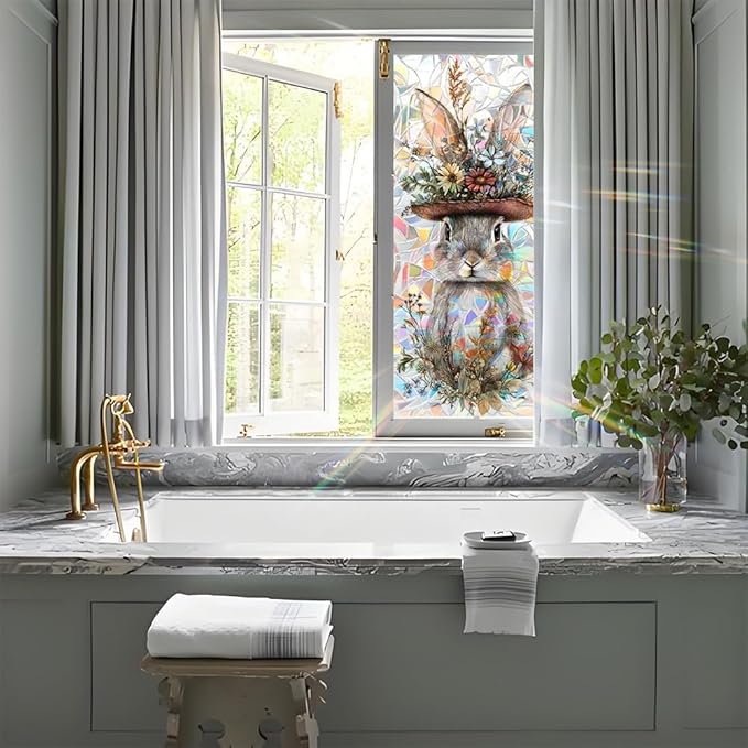 Easter Window Privacy Film 39.4 x 17.3 Inch PVC Bunny Floral Hat Crescent Texture Decorative Glass Covering with Sunlit Glossy Shine for Bathroom Kitchen Living Room Privacy Accent