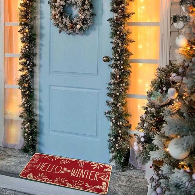 Hello Winter Door Mat Welcome Doormat, Winter Christmas Red Outdoor Rug Leaves Decor Floor Front Door Mat Non-Slip Entrance Mat for Home Kitchen Bathroom Decorations 17 X 29 Inch