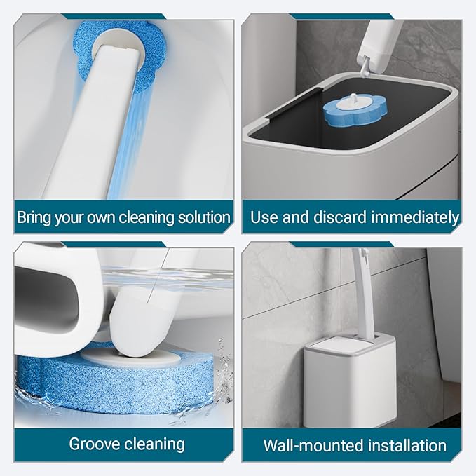 Disposable Toilet Cleaning System|Disposable Toilet Brush with 30 Refill Pads, Wall-Mounted Brush with Replacement Heads and Holders 360 Degree Cleaning for Bathtub Sink Wash Basin