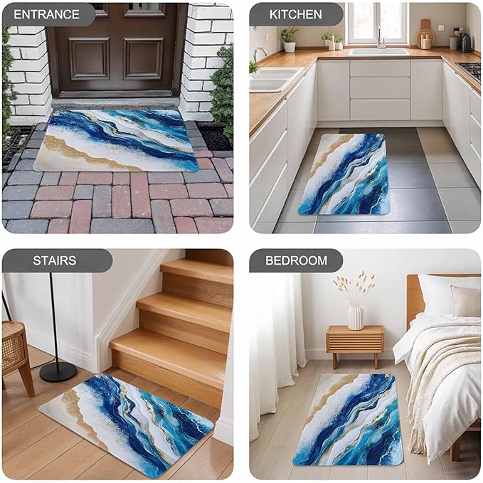 Abstract Spray Doormat Gold White Blue Ocean Oil Painting Style Non Slip Low Profile Rubber Door Mat Washable Absorbent Indoor Front Door Mat Entryway Rug Entrance Carpet 18x30 Inch