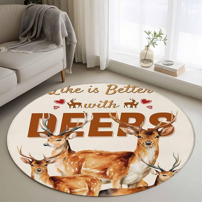 Beige Deer Round Rug 3.3 Ft, Wildlife Animals Rustic Farmhouse Elk Rustic Farmhouse Samll Area Rugs Washable Non Slip Indoor Floor Mats Circle Carpet for Living Room Bedroom Dining Room Home