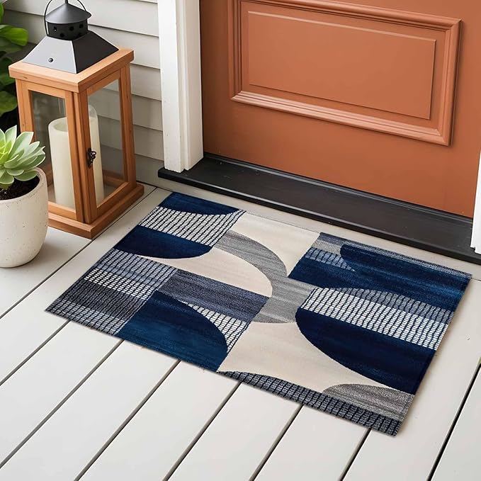 Modernism Entryway Rug 2'x3', Blue White Geometric Abstract Design Small Area Rug Non-Slip Front Door Mat Washable Floor Carpet for Indoor Entrance Kitchen Bathroom