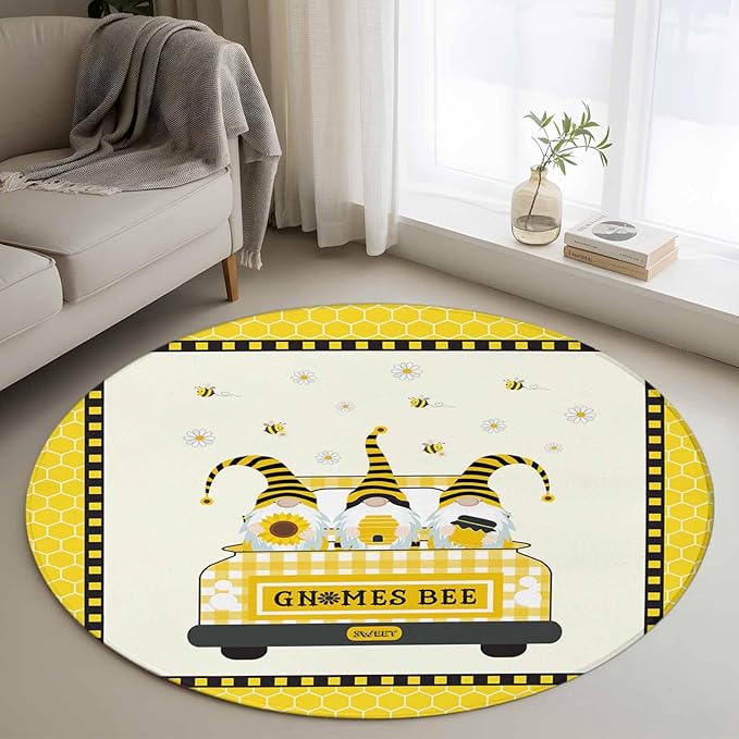 Honey Gnomes Round Rug 3.3 Ft, Bees Hive Sunflower Truck Samll Area Rugs Washable Non Slip Indoor Floor Mats Circle Carpet for Living Room Bedroom Dining Room Home