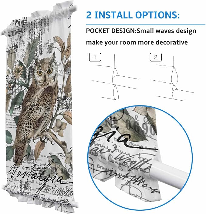 French Door Curtain Panel for Front Door, Black White Bird Owl Envelope Postmark Slidelight Door Curtains with Tieback Light Filtering Privacy Panels for Doorway Entryway 25"x 40"