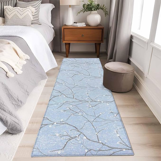 Blue Tree Branch Runner Rug 2'x6', Retro Classic Art Blue Tree Branches Flower Hallway Runner Rugs Washable Non-Slip Bedside Floor Mats Carpet for Kitchen Bedroom Laundry Room Bathroom
