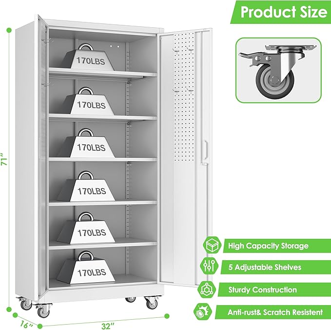 Reemoon 71" H Garage Storage Cabinet with Wheel, Metal Storage Cabinet with Doors,5 Adjustable Shelves and Pegboard for Garage Home Office,Required Assembly,White,71" H×32" W×16" D