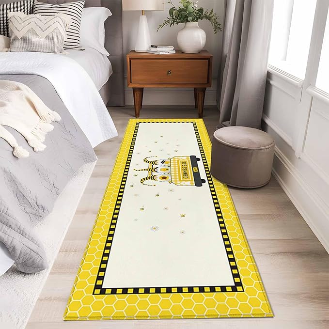 Honey Gnomes Runner Rug 2'x6', Bees Hive Sunflower Truck Hallway Runner Rugs Washable Non-Slip Bedside Floor Mats Carpet for Kitchen Bedroom Laundry Room Bathroom