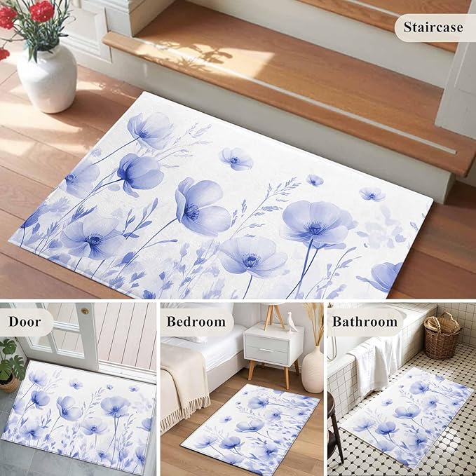 Flower Entryway Rug 2'x3', Blue Small Area Rug Non-Slip Front Door Mat Washable Floor Carpet for Indoor Entrance Kitchen Bathroom