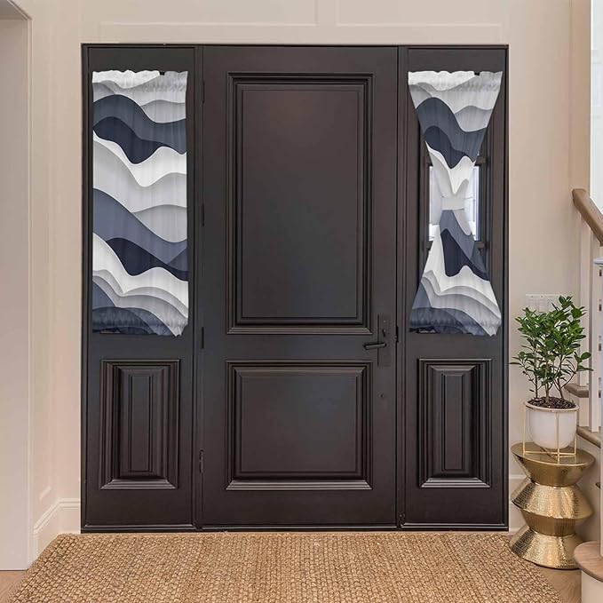 French Door Curtain Panel for Front Door, Cyan Ocean Waves Ombre Slidelight Door Curtains with Tieback Light Filtering Privacy Panels for Doorway Entryway 25"x 40"