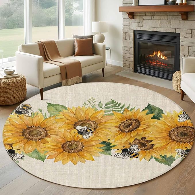 Watercolor Sunflower Cartoon Farmhouse Bee Linen Texture Round Rug 6 Ft, Circle Area Rugs Washable Non Slip Indoor Floor Mats Carpet for Living Room Bedroom Dining Room Home Decor