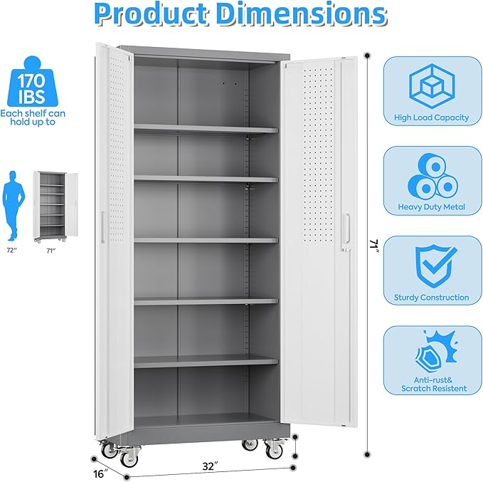 Reemoon 71" H Garage Storage Cabinet with Wheels, Lockable Metal Storage Cabinet with Doors,5 Adjustable Shelves and Pegboard for Garage Home Utility Room,Required Assembly,Grey&White
