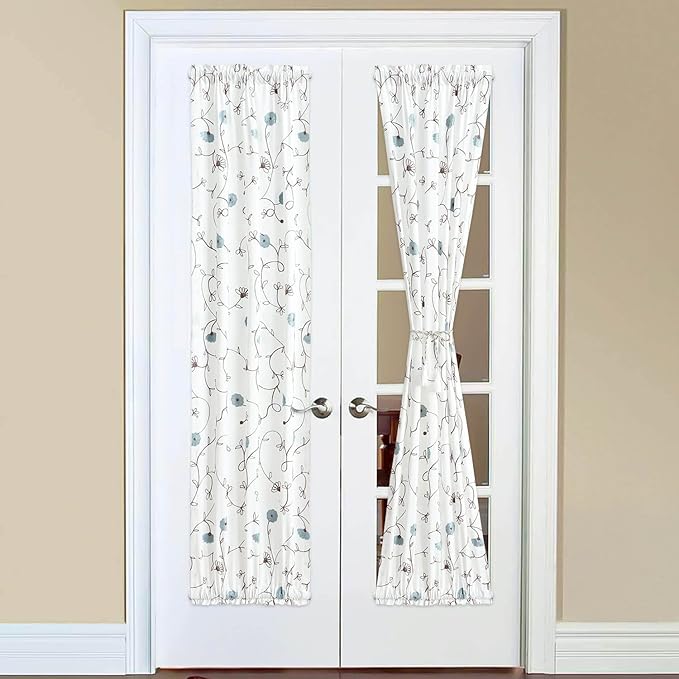 VOGOL Floral Door Curtains, Elegant Flowers Embroidered Light Filtering Drapes for French Door Glass Windows, Rod Pocket, 1 Panel 25 x 72 Inches, Blue in Off-White
