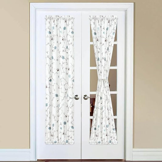 VOGOL Floral Door Curtains, Elegant Flowers Embroidered Light Filtering Drapes for French Door Glass Windows, Rod Pocket, 1 Panel 25 x 72 Inches, Blue in Off-White