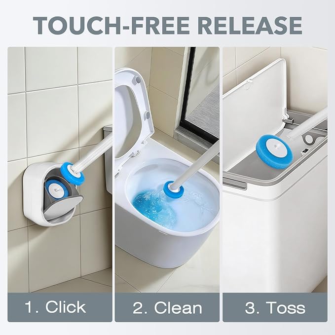 Disposable Toilet Brush & Wand Starter Kit, Wall-Mounted Auto-Closing Caddy with 30 Refills, Deep Cleaning System with Pre-Loaded Scrubber for Rust & Hard Water, Mess-Free Modern Design