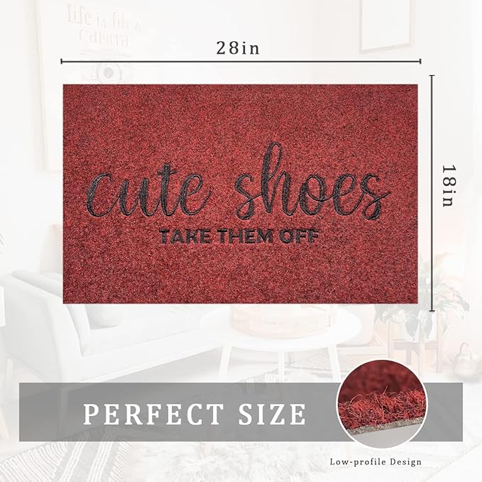 Entryway Cute Shoes Take Them Off Outdoor Mats with Rubber Backing Doormat Indoor Mat Polystyrene Backing Non Slip Natural Mat 18x28 inch Red