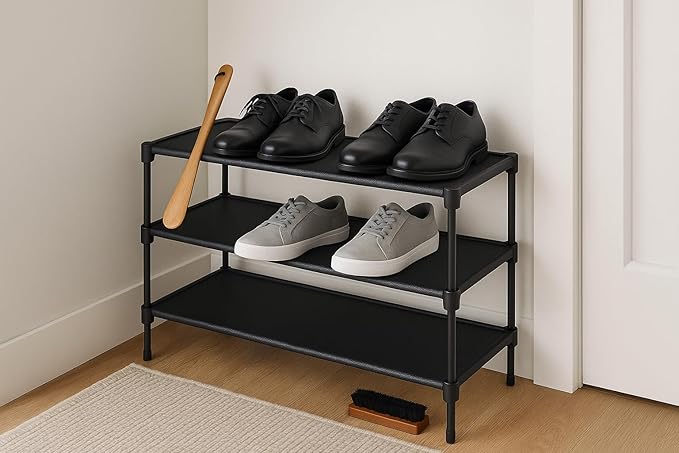 Shoe Rack Bundle with Shoe Brush & Shoe Horn - Space Saving, Shoe Organizer for Closet & Entryway - Durable Shoe Storage Rack