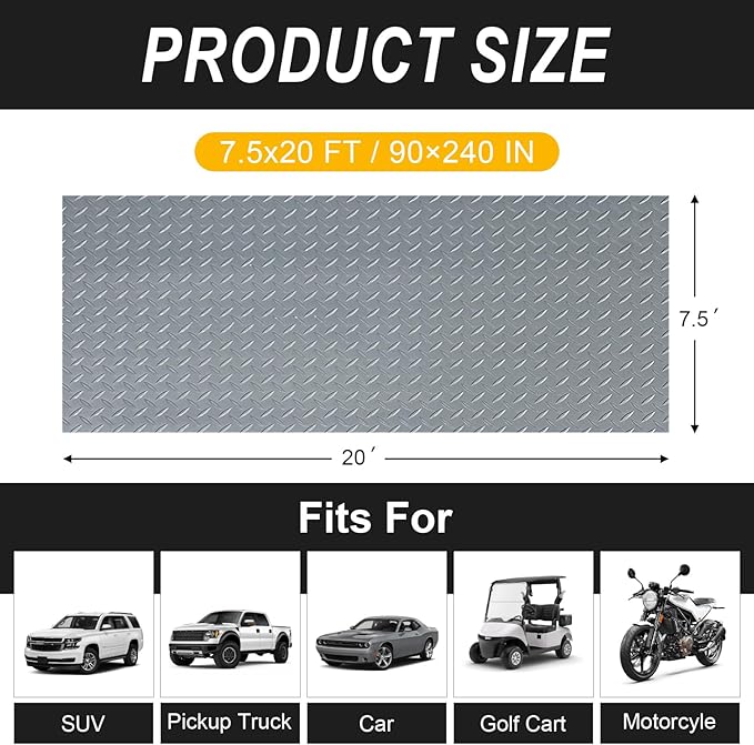 7.5x20 FT Garage Floor Mat, 2.8mm Thickened Flooring Roll Under Car Mat with 20Pcs Tapes, Diamond Plate, Non-Slip Floor Protector Mat for Trailer, Garage, Warehouse, Gyms, Trailer, Matte Gray