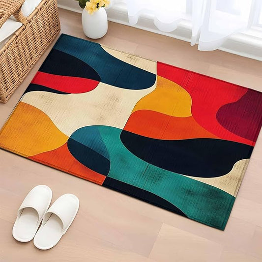 Abstract Art Entryway Rug 2'x3', Impressionist Red Blue Color Block Small Area Rug Non-Slip Front Door Mat Washable Floor Carpet for Indoor Entrance Kitchen Bathroom