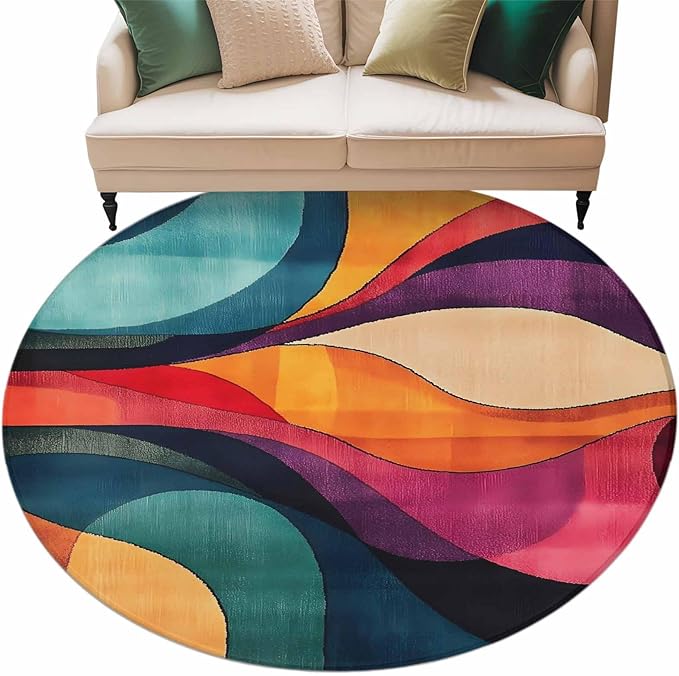 Minimalist Art Large Round Rug 8Ft, Abstract Yellow Blue Color Block Line Circle Area Rugs Washable Non Slip Indoor Floor Mats Carpet for Living Room Bedroom Dining Room Home Decor