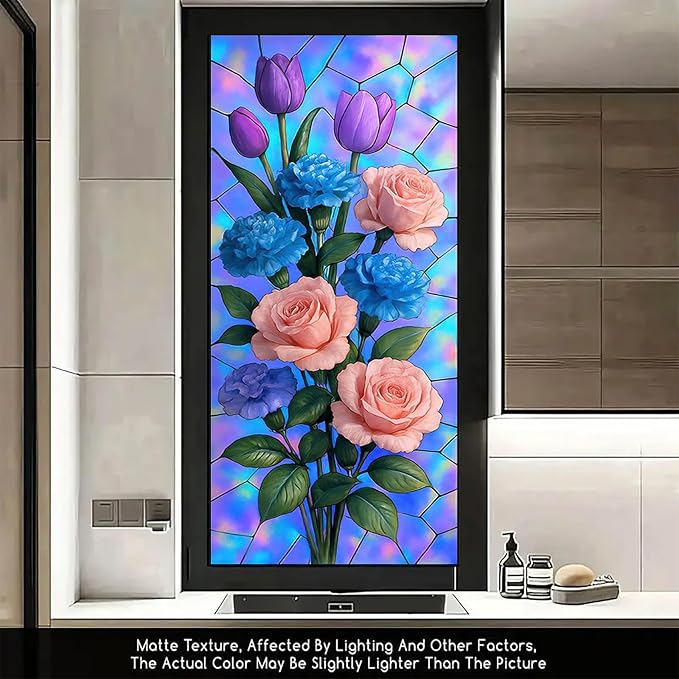 Rose Carnation Tulip Window Film Holographic Floral Privacy Panel Static Cling No Glue Decorative Cover for Door Vanity Kitchen Studio 17.7x39.3 inch