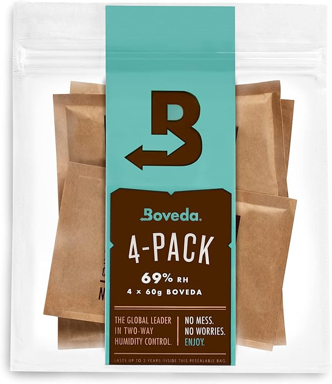 Boveda for Cigars/Tobacco | 69% RH Humidity Control Packs | Size Large for Use with Up to 25-100 Cigars | Patented Technology For Cigar Humidors | 4-count Resealable Bag