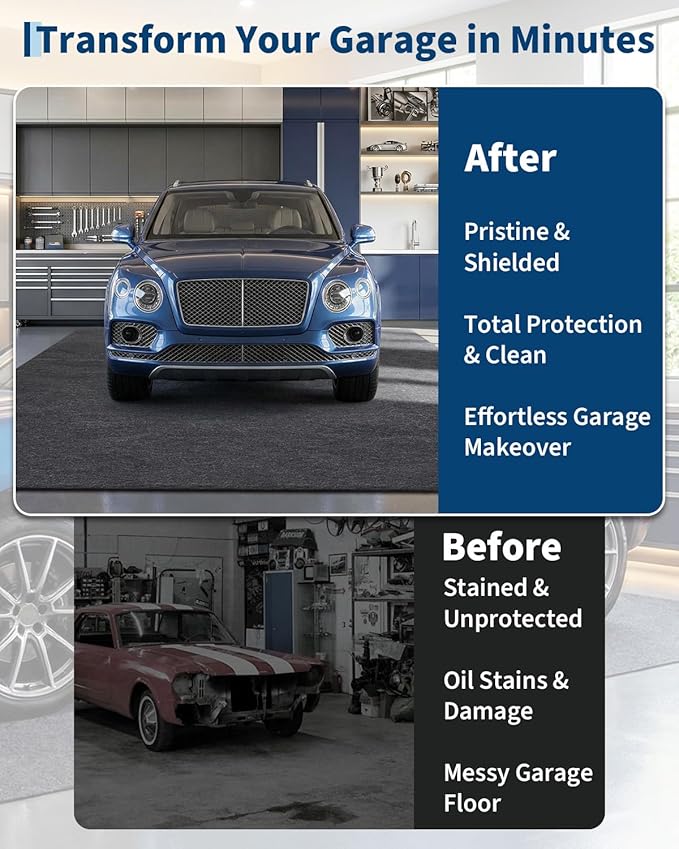 Heavy Duty Garage Mat 7.4'X17', Waterproof Floor Cover with PE Leak-Proof Backing, Slip-Resistant Felt Surface Protects Against Water Snow Mud Oil, Easy to Clean & Trim for Workshop, Driveway, or Gara