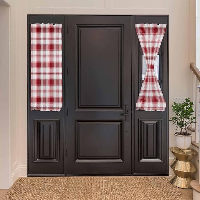 French Door Curtain Panel for Front Door, Red White Ombre Checkered Classical Slidelight Door Curtains with Tieback Light Filtering Privacy Panels for Doorway Entryway 25"x 40"