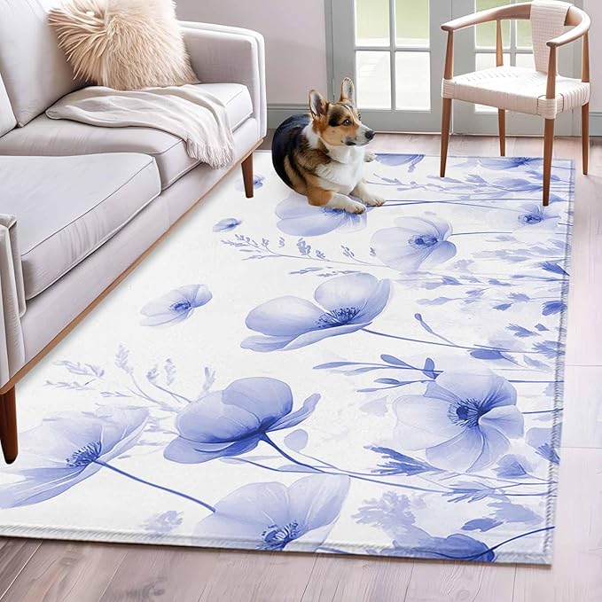Flower 3'x5' Area Rugs, Blue Washable Area Rugs Non-Slip Indoor Floor Mats Carpet for Living Room Bedroom Dining Room