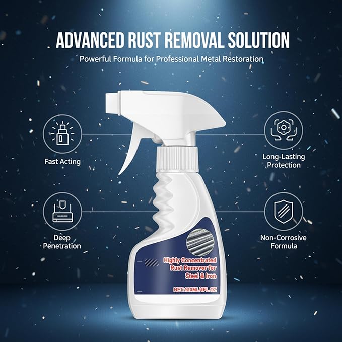 Rust Remover Spray for Metal, Highly Concentrated Rust Remover for Steel Copper Stainless Steel, Heavy Duty Rust Remover Spray No Scrubbing, Fast Acting Rust Stain Remover 4 fl oz (2PC)