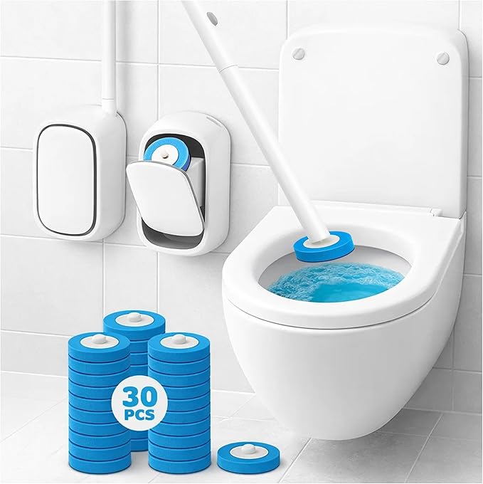 CiLoN Wall-Mounted Disposable Toilet Brush, Bowl Wand, Disposal Scrubbing Sponge Pads Caddy & 30 Fresh Bleach Sponge Heads. Space Saving Disposable Toilet Brush Cleaning Set. (Starter Kit + 30 Brush)