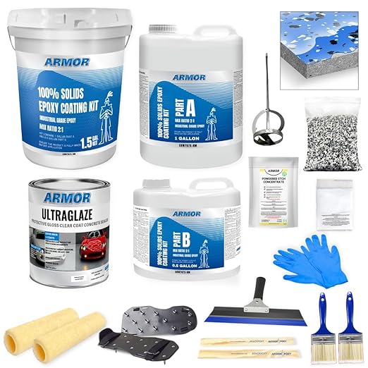ArmorPoxy Garage Epoxy Floor Kit – 100% Solids - 2 Part Industrial-Grade Coating w/UltraGlaze Topcoat | DIY Slip & Hot Tire Resistant | 300 Sq Ft - Racing Blue - 17 pc kit
