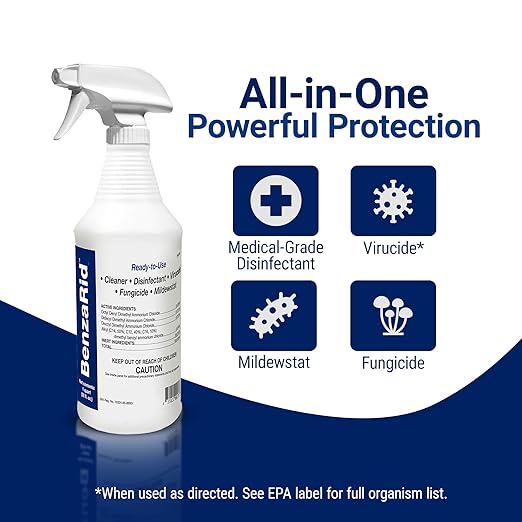 BenzaRid Professional Mold Killer Fungicide Kills Aspergillus Niger (Black Mold) H5N1 Pack | Multi-Purpose Fungicide, Mildewstat, Disinfectant, Virucide | EPA Reg. | 4 Gal Set