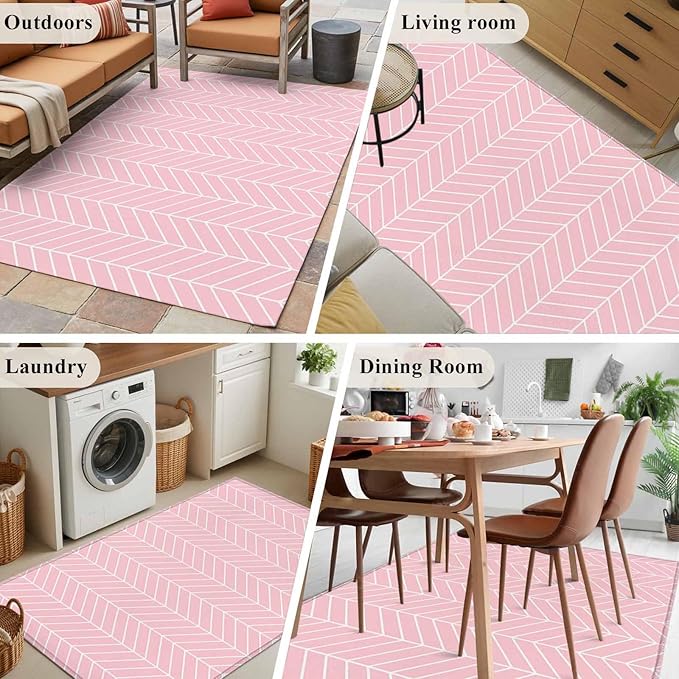 Pink Herringbone Stripes 4'x6' Area Rugs, Modern Abstract Geometric Pink Simple Lines Washable Area Rugs Non-Slip Indoor Floor Mats Carpet for Living Room Bedroom Dining Room