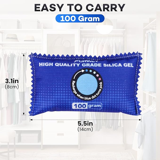 FURWEY 100g [ 24 Packs] Rechargeable Desiccant Packs for Storage, Color Indicating Silica Gel Desiccant Packets, Moisture absorbers for Storage,Dehumidifier bag for Closets,Cars,Storage Bins