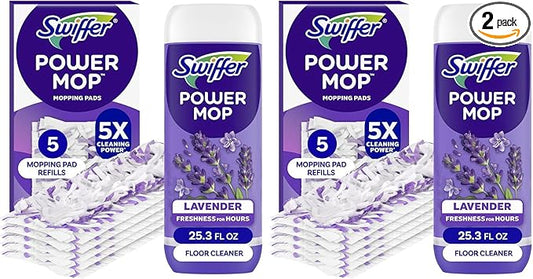 Swiffer Power Mop Refill, Floor Cleaner for Mopping Tile, Vinyl, Laminate, Wood in Home, Bathroom, Kitchen, All Purpose Multi-Surface Cleaning, 5 Pads + 1 Lavender Solution (Pack of 2)