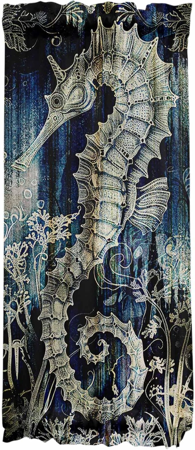 French Door Curtain Panel for Front Door, Sea Horse Slidelight Door Curtains with Tieback Light Filtering Privacy Panels for Doorway Entryway 25"x 40"