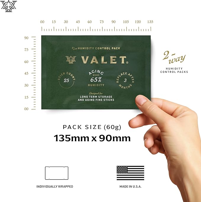 Valet 65% Two-Way Humidity Pack Single (60g), Individually Wrapped Humidity Control Pack for Long-Term Aging & Storage, Moisture Absorber for Wood & Airtight Containers, Made in USA