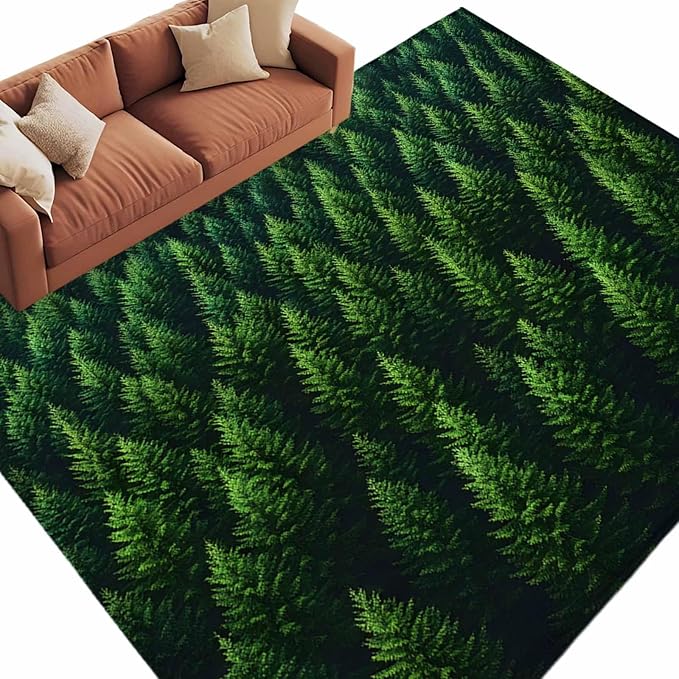 Green Forest 5'x7' Area Rugs, Pine Trees Forest Landscape Style Summer Washable Area Rugs Non-Slip Indoor Floor Mats Carpet for Living Room Bedroom Dining Room