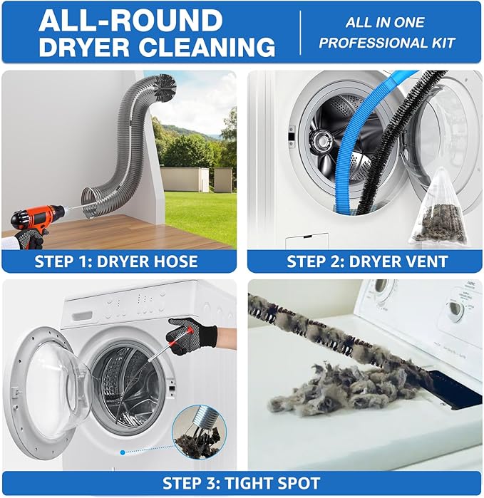 Petode 22-piece 60-Feet Dryer Vent Cleaner Kit, Dryer Vent Cleaning Kit Lint Remover with Dryer Vent Brush, Vacuum Hose Attachment Cleaning Tools, Flexible Lint Trap Brush, Vacuum & Dryer Adapters