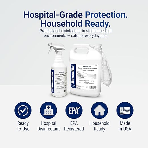 BenzaRid Hospital Disinfectant Sanitizer & Virucide | Kills 99.99% of COVID-19, Avian Flu H1N1,H1N2, H5N1, SARS, Bloodborne Pathogens, Staph, Bacteria & Mold | EPA Reg. | Child & Pet Safe 1 Gal