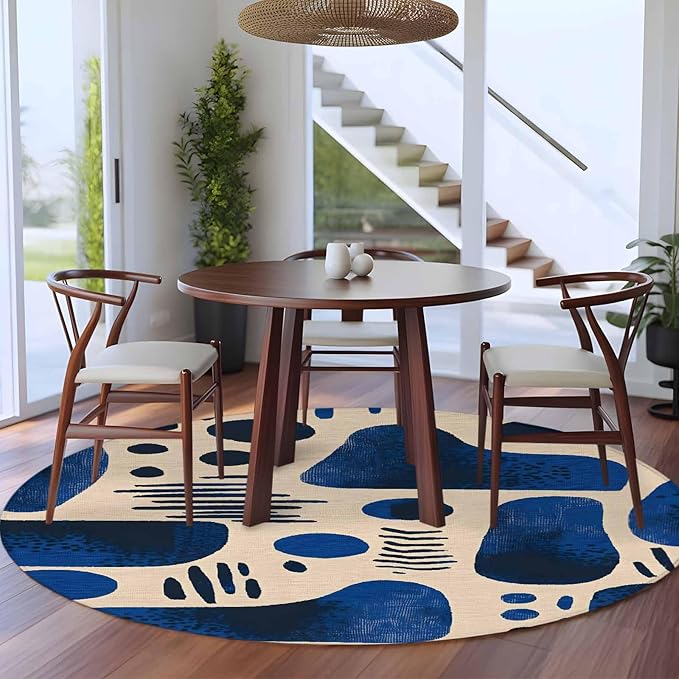 Modernism Round Rug 5 Ft, Blue Black Geometric Abstract Style Circle Area Rugs Washable Non Slip Indoor Floor Mats Carpet for Living Room Bedroom Dining Room Home Decor