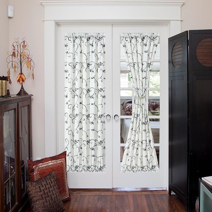 VOGOL Faux Linen Curtains for Sidelight Door, Green Vines Pattern Privacy Decorative French Door Panels for Cafe Hotel Farmhouse, 36 x 72 Inches, 1 Piece