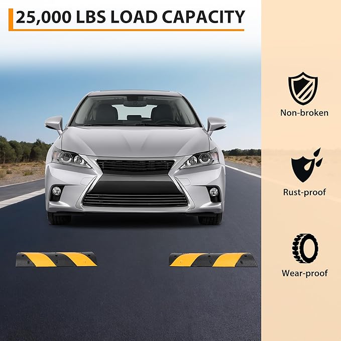 2 Pack 6 Ft Rubber Speed Bump,Heavy Duty Speed Bumps for Driveway,Dual-Channel Cable Protector,25,000 Lbs Capacity, Anti-Slip Surface Texture,Ready-to-Install Kit for Garage, Roads, Driveway