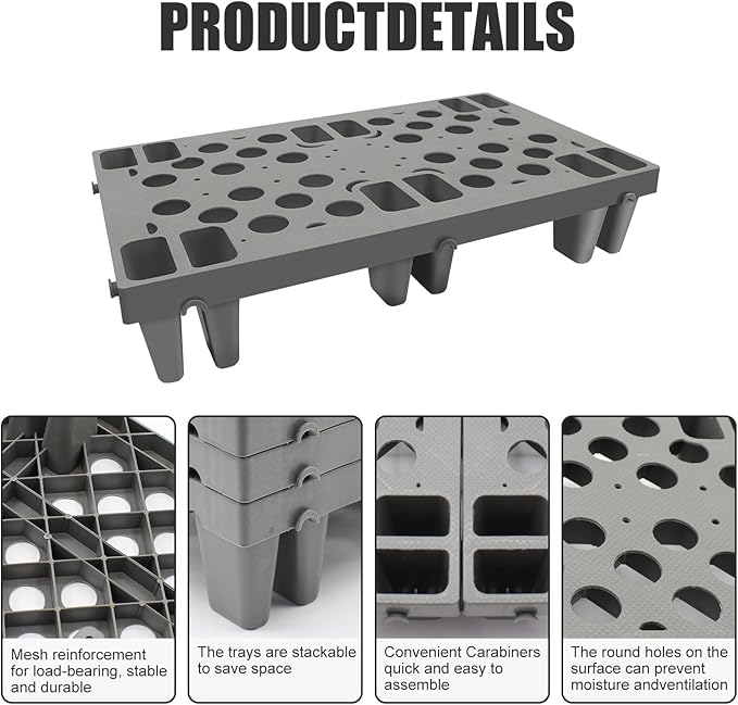 6pcs Gray Plastic Pallets, Lightweight Nestable Polyethylene Pallets, Moisture-Proof Floor Pallets, Mini Spliceable Plastic pallets for Basement Storage Kitchen Garages L 19.7" x W 11.8"x H 3.9"