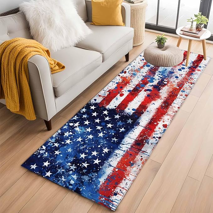 Mottled Red Blue White Stars Painted Flag Runner Rug 2'x6', Hallway Runner Rugs Washable Non-Slip Bedside Floor Mats Carpet for Kitchen Bedroom Laundry Room Bathroom