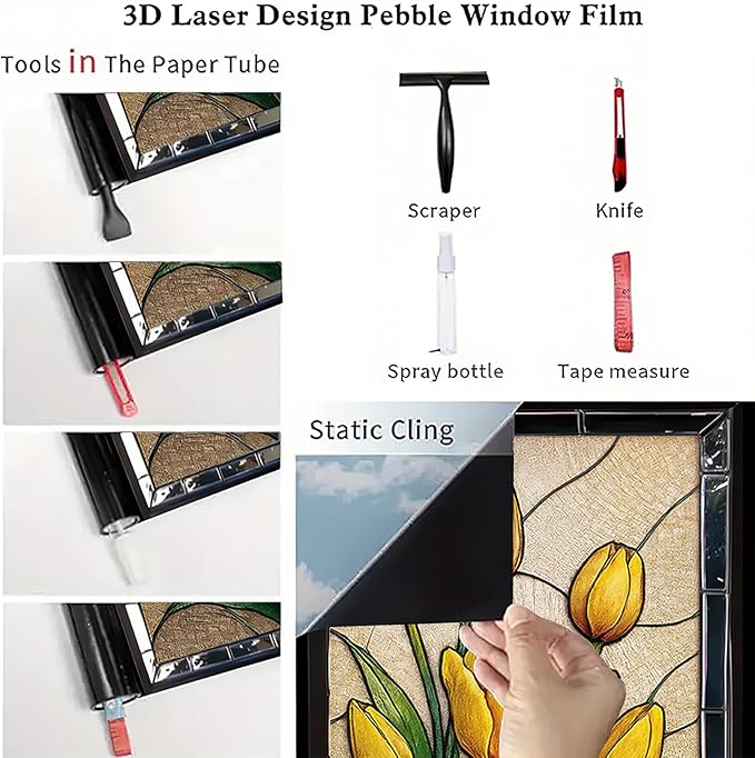 Yellow Tulip Privacy Film Stained Glass Style Static Cling No Glue Decorative Panel Light Filtering Cover for Door Kitchen Entryway 17.7x39.3 inch
