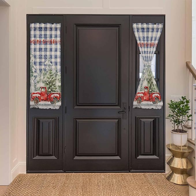 Christmas French Door Curtain Panel for Front Door, Red Truck Snow Merry Christmas Retro Blue Plaid Slidelight Door Curtains with Tieback Light Filtering Privacy Panels for Doorway Entryway 25"x 40"