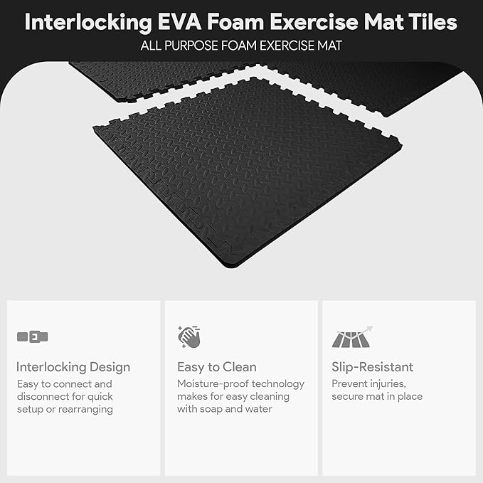 BalanceFrom Puzzle Exercise Mat 3/4' Thick, EVA Interlocking Foam Floor Tiles for Home Gym, Mat for Home Workout Equipment, Floor Padding for Kids, Black, 24 in x 24 in x 3/4 in, 96 Sq Ft - 24 Tiles
