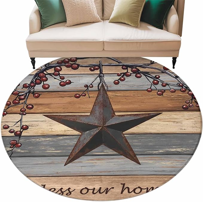 Country Stars Round Rug 6 Ft, Vintage Rust Black Star Berry Brown Light Blue Wood Grain Circle Area Rugs Washable Non Slip Indoor Floor Mats Carpet for Living Room Bedroom Dining Room Home Decor